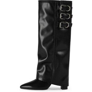 Women Black-buckle Faux Leather Fold Over Knee High Chunky High Heels Boot
